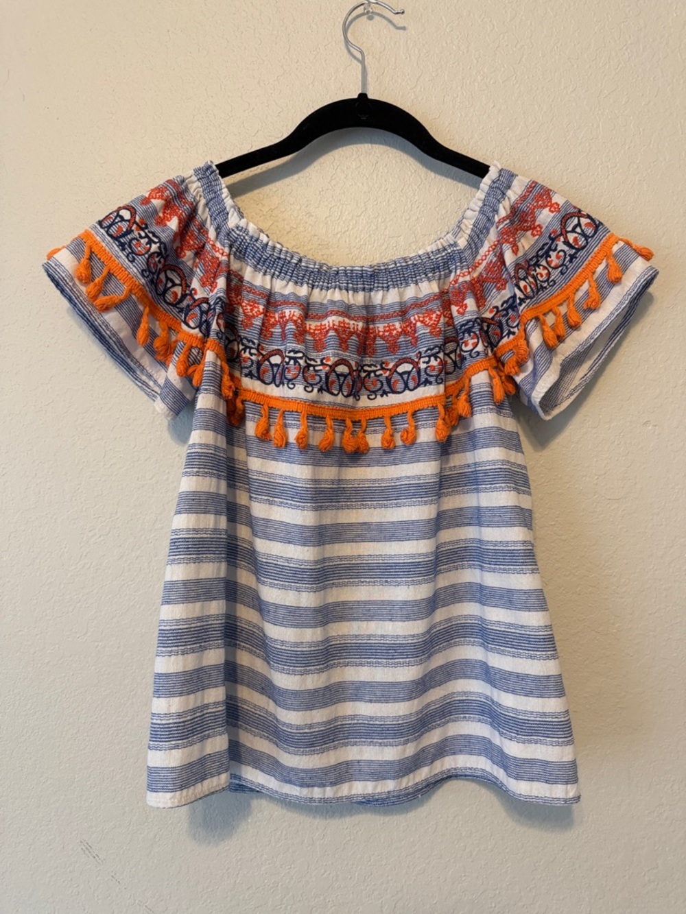THML Blue and Orange Striped Off-Shoulder Tassel Blouse